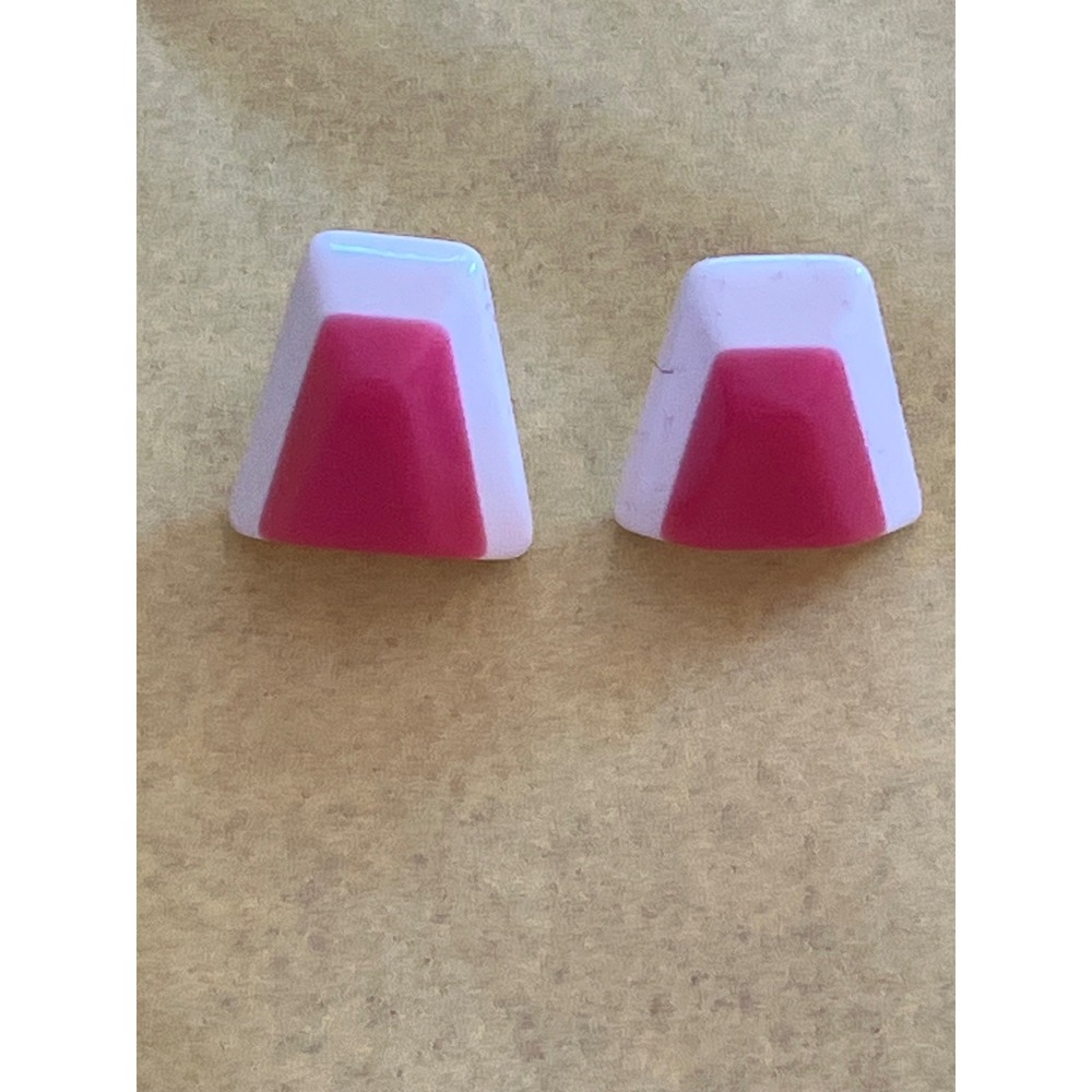 Vintage 1980s White w/Neon Pink Geometric Stud Earrings Mod Color Block Memphis